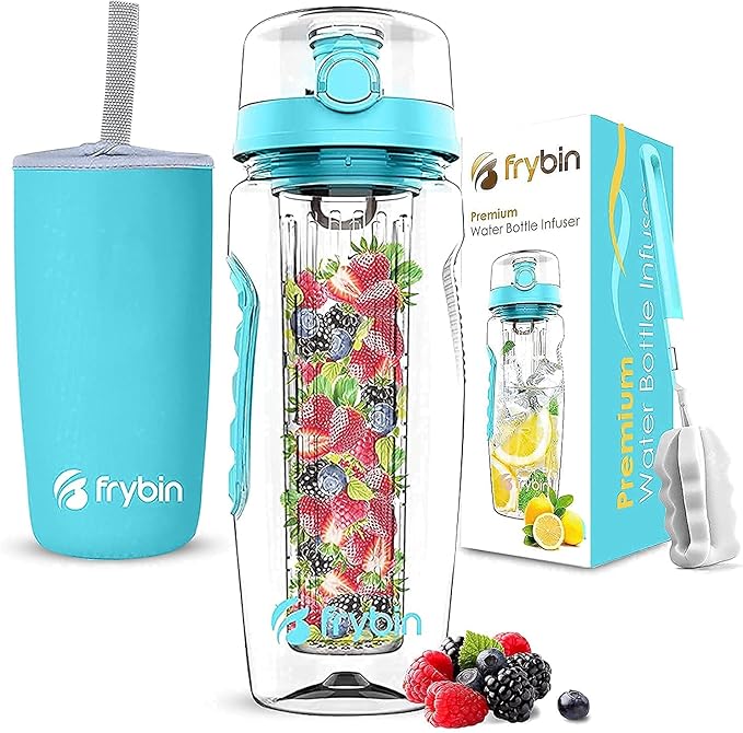 Fruit Infuser Water Bottle | Removable Infusion Basket for Flavor | Bonus Brush and Sleeve for Freshness | Made of Durable TRITAN Plastic | BPA Free Water Infuser Bottle, 32 Ounce (Aqua Blue)