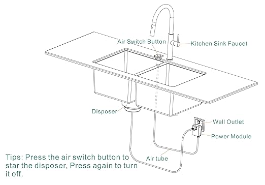 Garbage Disposal Switch, Cordless Air Switch Kit for Food Waste Disposer, Brass Material Matte Black Finish,Long Sink Top Push Button