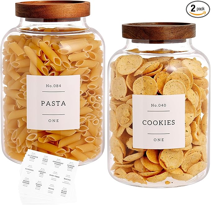 Set Of 2 Large Glass Jar with Wooden Lid with 132 Labels, Glass Storage Jars for Flour Pasta Candy Coffee Cookie and More(70 FL OZ/2000 ml)