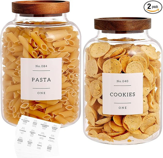 Set Of 2 Large Glass Jar with Wooden Lid with 132 Labels, Glass Storage Jars for Flour Pasta Candy Coffee Cookie and More(70 FL OZ/2000 ml)