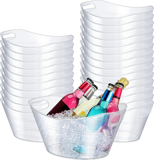 Norme 24 Pcs Oval Storage Tub with Handles, 4.5L Plastic Ice Bucket Wine Beer Champagne Bottle Drink Cooler Tub for Parties Beverage, Storage Basket (Clear)