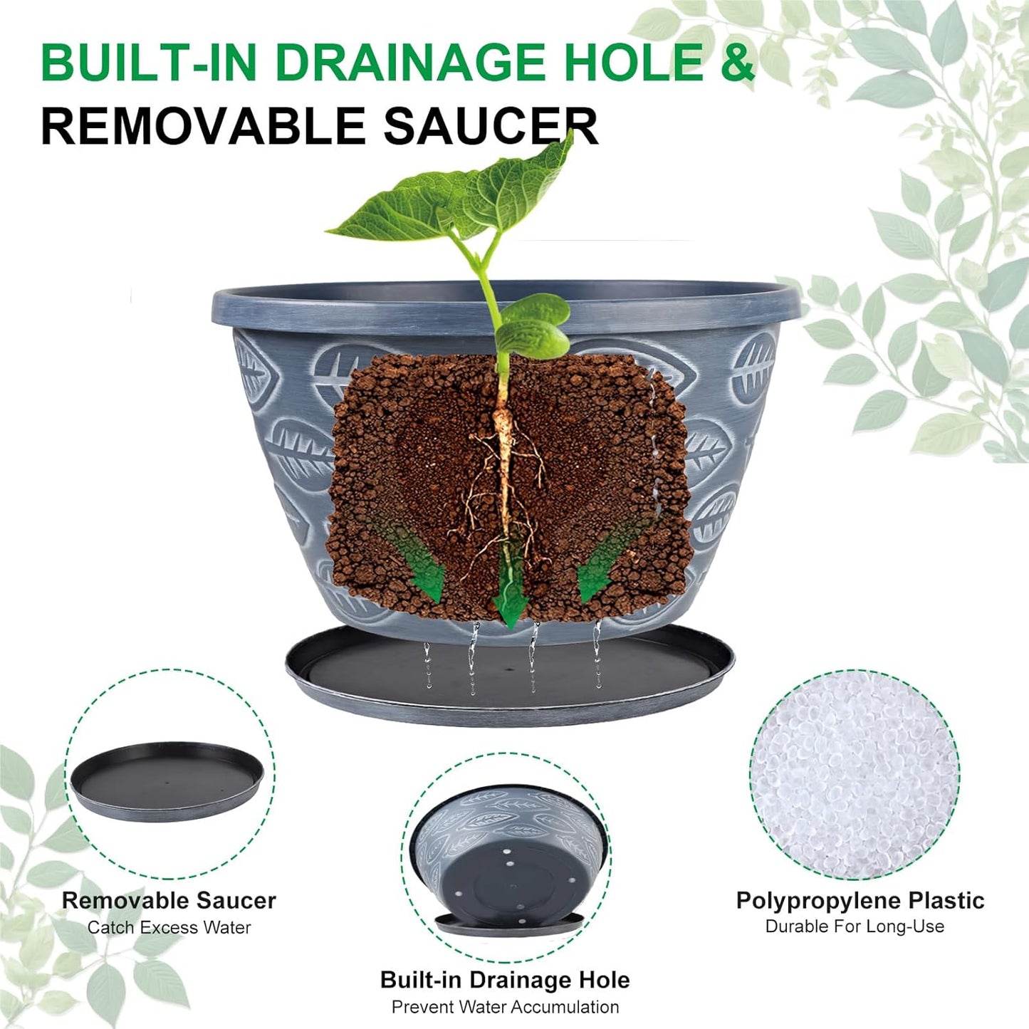 Outdoor Flower Pots for Plants Set of 3 Pack 11 Inch Planter Pot, Large Plastic Plant Pots Indoor Plants with Drainage Holes & Trays, Modern Decorative Garden Containers Sets for House(Blue)