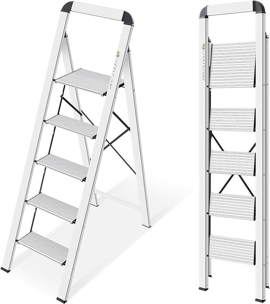 KINGRACK Aluminium 5 Step Ladder, Lightweight Step Stool with Non-Skid Pedals, Handrail, Foldable Step Ladder for Kitchen, Garage, Home, Space Saving, Sturdy and Portable, Silver