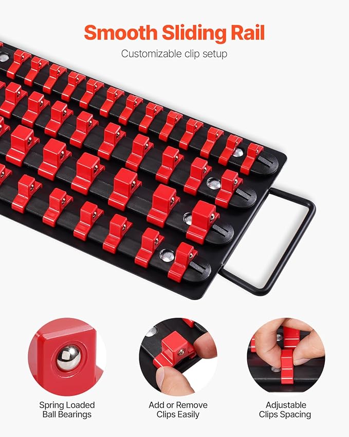 VEVOR Portable Socket Organizer Tray, 2PCS Metric & SAE Socket Organizer Set Hold up to 160 Sockets, 1/4", 3/8" and 1/2" Heavy-Duty Socket Rail with Handle & Steel Base for Tool Box Drawer