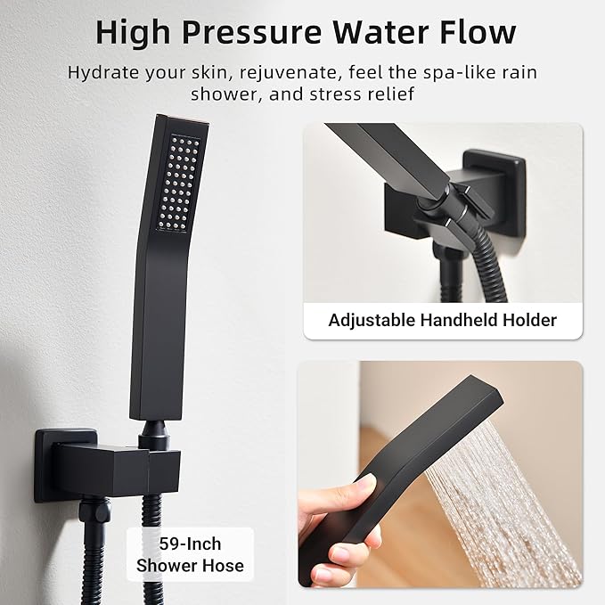Dasan Matte Black Dual Shower Heads System with Ceiling 12-Inch Rainfall Shower & Wall Mount 6-Inch High Pressure Shower Head, Full Body Dual Shower Set with Handheld Sprayer, 3-Function Shower Faucet