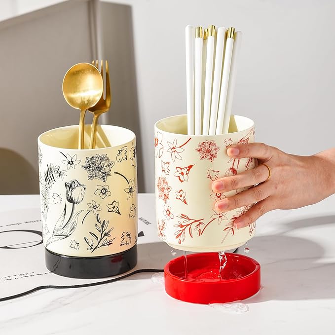 Small Utensil Holder for Kitchen Counter H5.9 x W4.1”, Ceramic Floral Cooking Utensil Crocks Countertop Organizer with Flowers