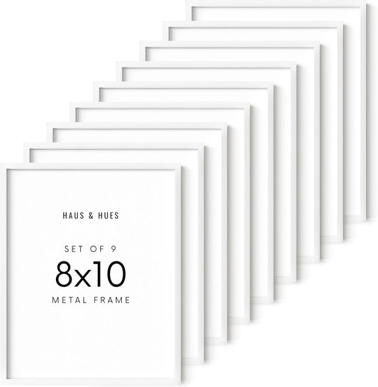 HAUS AND HUES 8x10 White Metal Picture Frames - Features Premium Aluminum, Vertical & Horizontal Hang, Shatterproof Plexiglass - Ideal for Home, Room, Office (8x10 in, White, Set of 9)