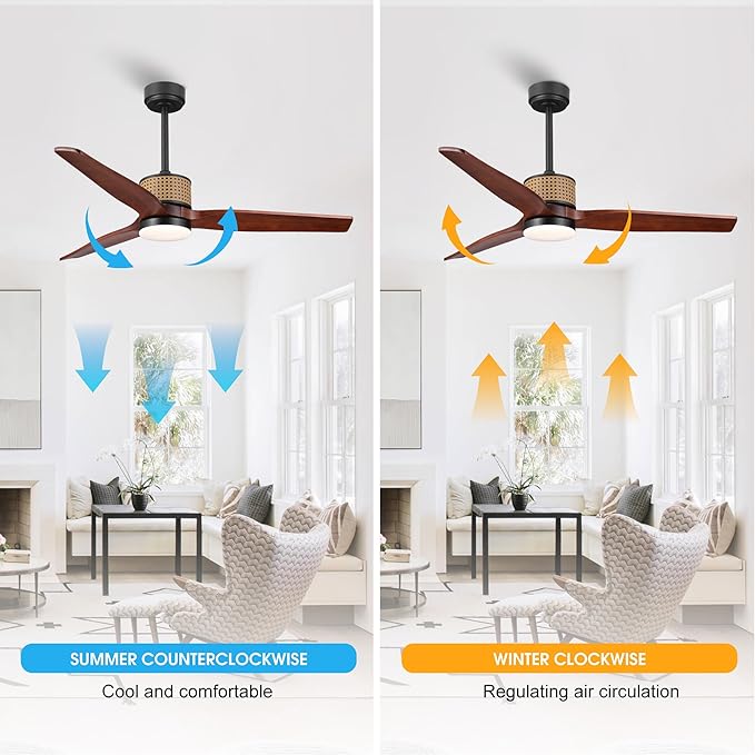 52" Ceiling Fan with Light and Remote, 3 Solid Wood Blades, Noiseless Reversible DC Motor Ceiling Fan with 4.5"/12" Downrods for Bedroom/Living Room/Porch (Black/Walnut)