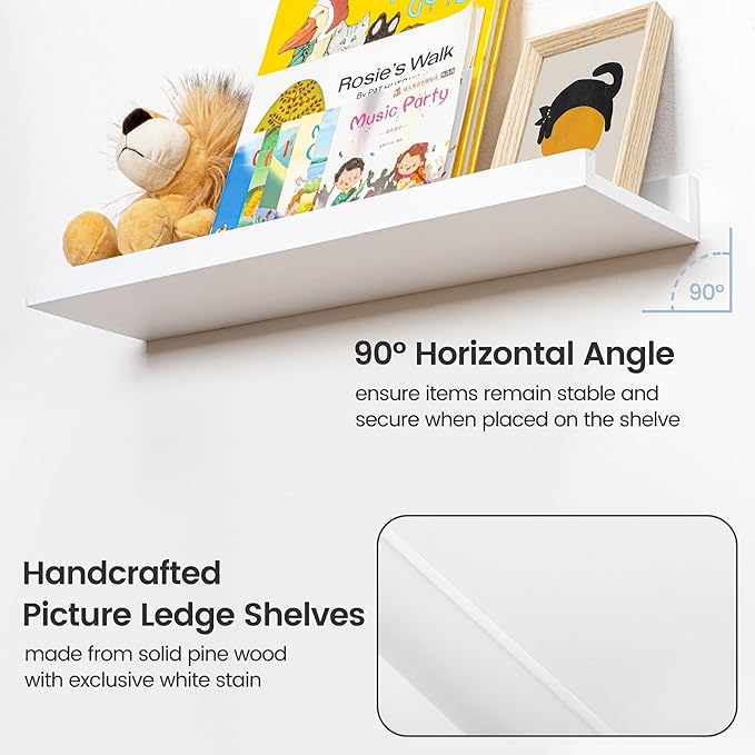 Picture Ledge Shelf for Wall, 16 inches Solid Pine Wood Nursery Book Shelves 3 Packs, Floating Ledge Shelves for Kids' Room Bedroom Bathroom Living Room Photo Frames Office Nursey Wall Decor, White
