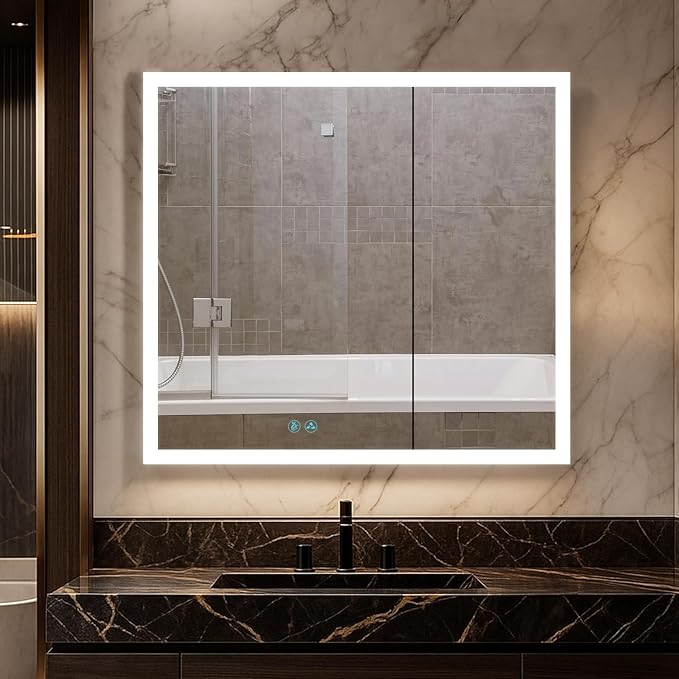 Blossom LED Mirror Medicine Cabinet with Lights, 36x32 Inch | Wall Mounted LED Lighted Bathroom Medicine Cabinet | Recessed or Surface with Defogger, 3 Color Dimmer | Makeup Mirror with Lights