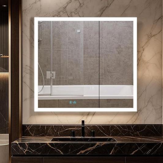 Blossom LED Mirror Medicine Cabinet with Lights, 36x32 Inch | Wall Mounted LED Lighted Bathroom Medicine Cabinet | Recessed or Surface with Defogger, 3 Color Dimmer | Makeup Mirror with Lights