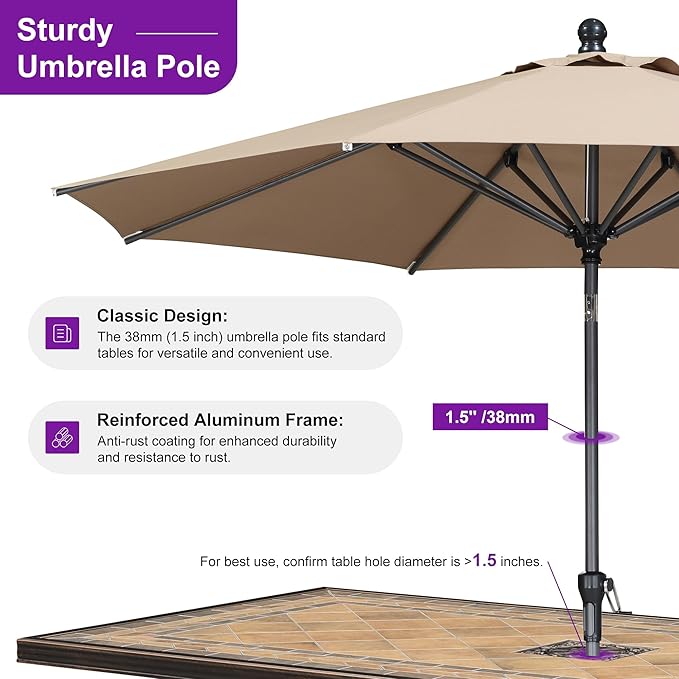 PURPLE LEAF 10' Round Patio Umbrella Outdoor Table Umbrella Aluminum Frame Market Umbrella Sun Umbrella with 8 Sturdy Ribs Tilt for Garden Deck Lawn Pool Taupe