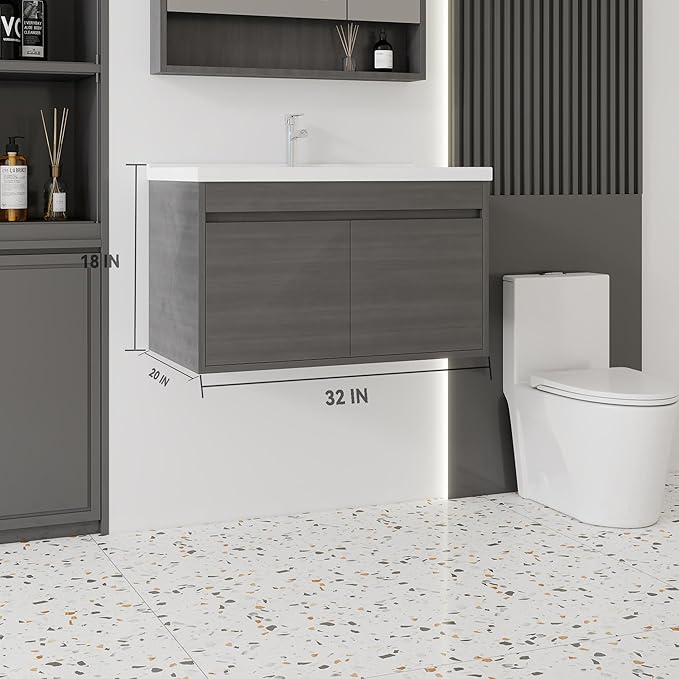 32'' Bathroom Vanity with Ceramic Sink Combo, Wall Mounted Small Bathroom Vanity with Soft-Close Door Modern Floating Cabinet, Pop-up Drain, P-Trap Included, GreyWalnut(No Faucet)