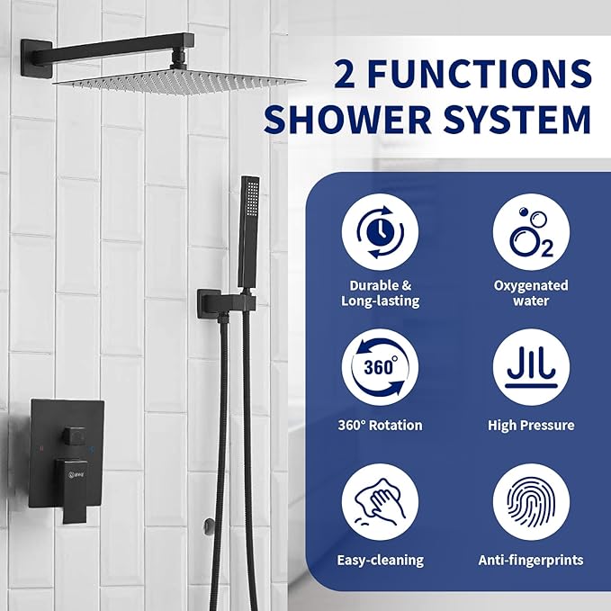 BWE Black Shower Faucet Set, 12 Inch Square Rain Shower Head and Handle Set Bathroom Shower System Sets Complete Combo 2-Functions Pressure Balancing Wall Mount Rainfall Shower Mixer Valve