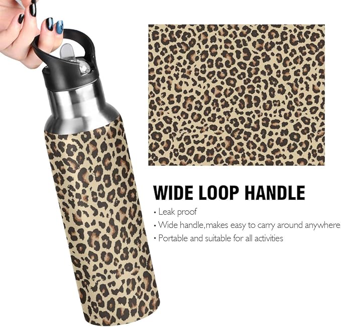 Leopard Water Bottle with Straw Lid for Fitness Gym Camping Outdoor Sports, Wide Mouth Vacuum Insulated 18/8 Stainless Steel, 22 oz