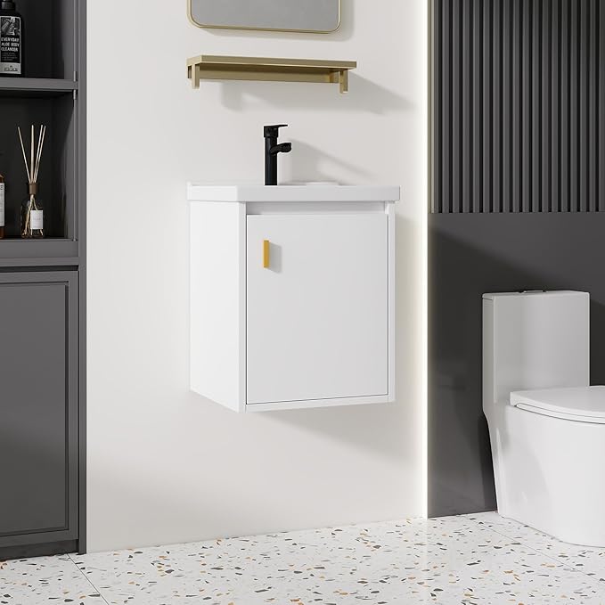 16'' Bathroom Vanity with Ceramic Sink Combo, Wall Mounted Small Bathroom Vanity with Soft-Close Door Modern Floating Cabinet, Pop-up Drain, P-Trap Included, White(No Faucet)