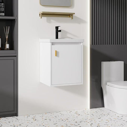 16'' Bathroom Vanity with Ceramic Sink Combo, Wall Mounted Small Bathroom Vanity with Soft-Close Door Modern Floating Cabinet, Pop-up Drain, P-Trap Included, White(No Faucet)