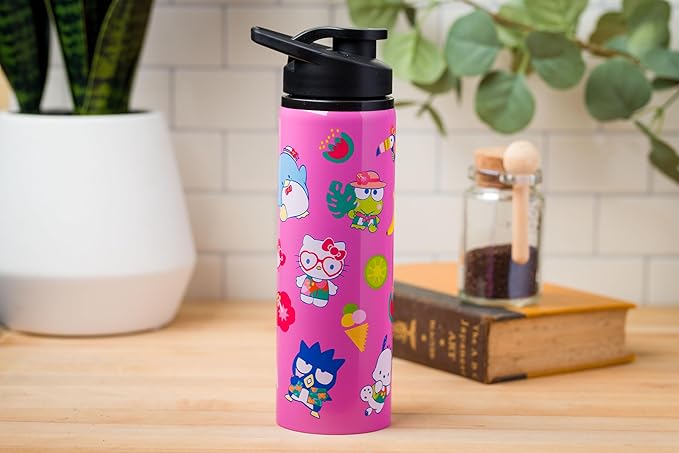 Silver Buffalo Sanrio Hello Kitty and Friends Tropical Stainless Steel Water Bottle Featuring Keroppi, Tuxedo Sam, Badtz-Maru, and Pochacco, 25 Ounces