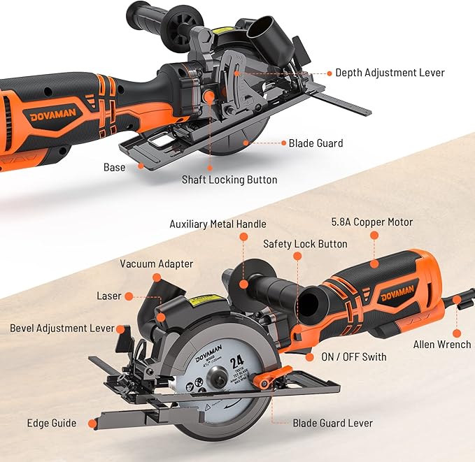 Circular Saw, 5.8A 4-1/2" Circular Saw w/Laser, Metal Auxiliary Handle, 6 Blades (4½", 4¾"), Cutting Depth 1-11/16" (90°), 1-3/8" (45°), Ideal for Wood, Soft Metal, Plastic, Tile - MCS01A
