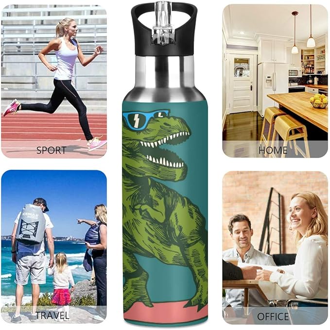 Surfing Dinosaur Sports Water Bottle, 22 Oz BPA Free Non-Toxic Stainless Steel Water Bottle with Straw for Gym Yoga Fitness Camping