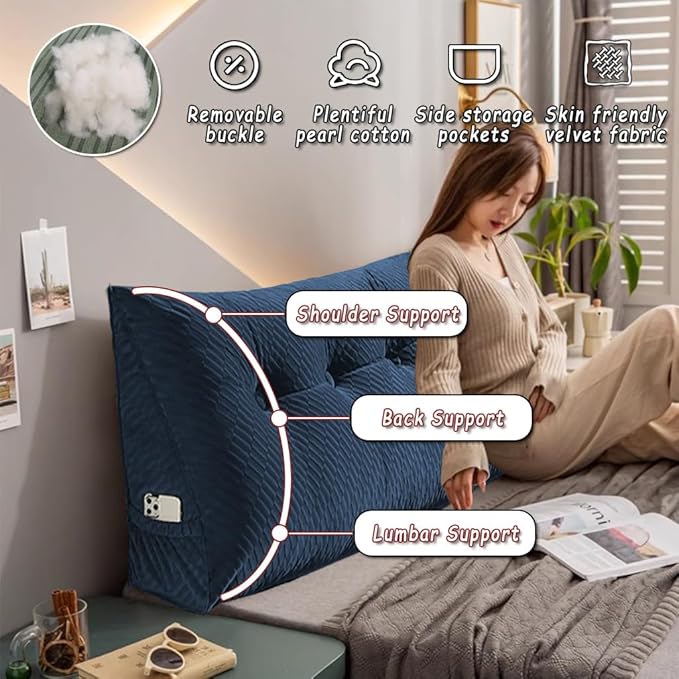 Gradient Velvet Triangular Wedge Pillow, Removable Cover Headboard Pillow for Daybed, Backrest Positioning Support Pillow Cushion Resting Reading Relaxing (Blue, Queen(59 * 20 * 8in))