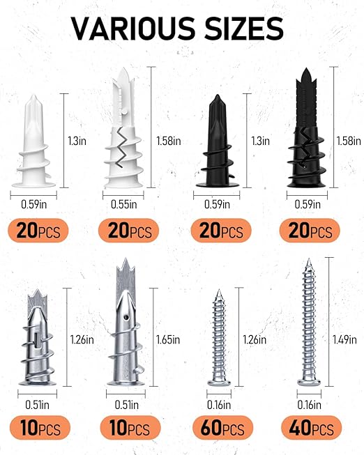 INCLY 200PCS #8 Drywall Anchors Kit Self Drilling, 100 Zinc Metal & Plastic Heavy Duty Dry Wall Anchors and 100 Philips Screws Assortment for Drywall Sheetrock Hanging and Mounting with Case