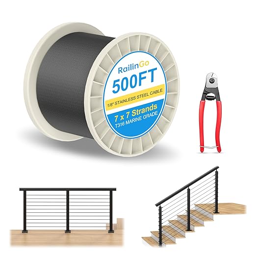 500FT 1/8" Wire Rope with Cutter, 316 Stainless Steel Wire Cable for Deck Stair Railing, 7x7 Strands Marine Grade Aircraft Cable, 1850lbs Breaking Strength, Black Cable Railing Kits, RG10