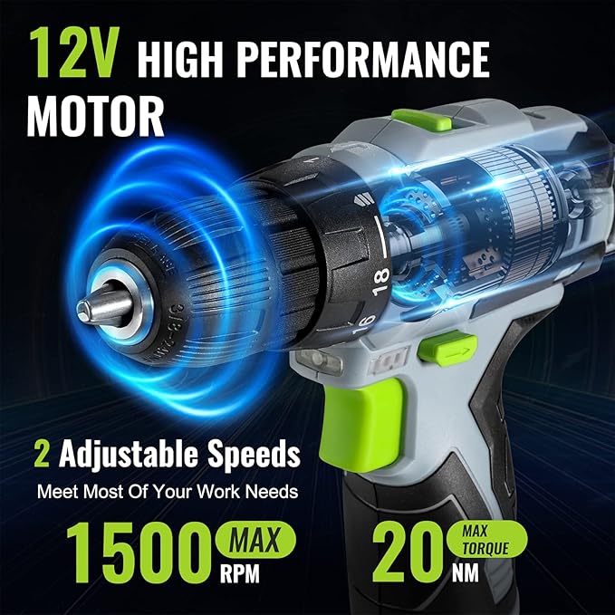 WORKPRO Cordless Drill Driver Kit, 12V Electric Screwdriver Driver Tool Kit, 3/8" Keyless Chuck, Charger and Storage Bag Included