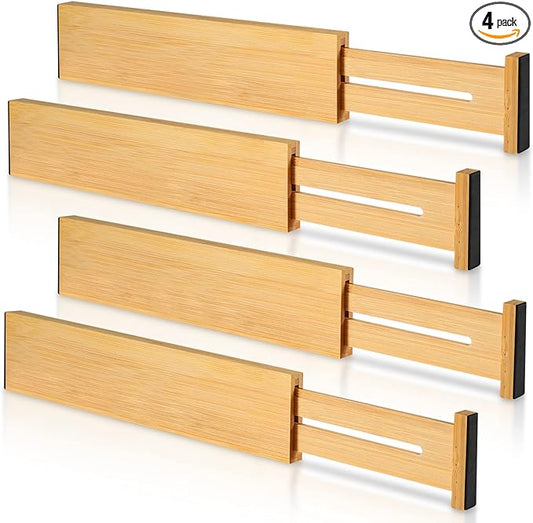 4 Pack Bamboo Drawer Dividers, Adjustable Length from 12 Inch to 17 Inch, Expandable Kitchen Drawer Organizer, Drawer Organization Separators for Clothes, Kitchen, Bedroom, Dresser, Office (Beige)