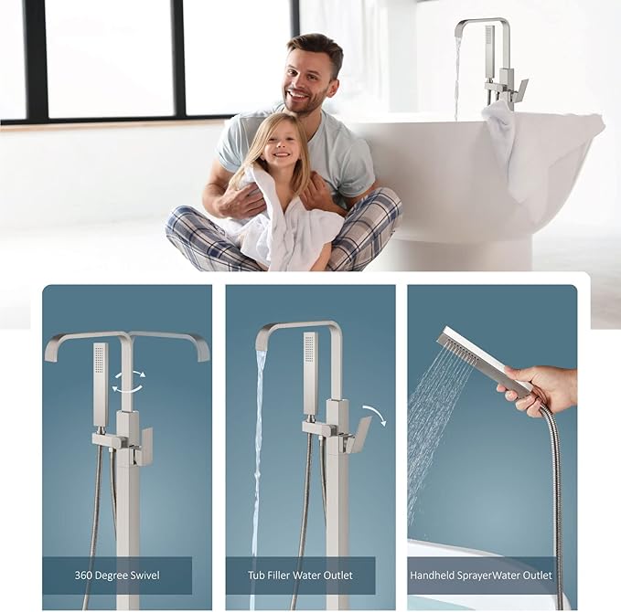 Aolemi Brushed Nickel Freestanding Bathtub Faucet Tub Filler Floor Mount Single Handle Brass Tap with Hand Shower