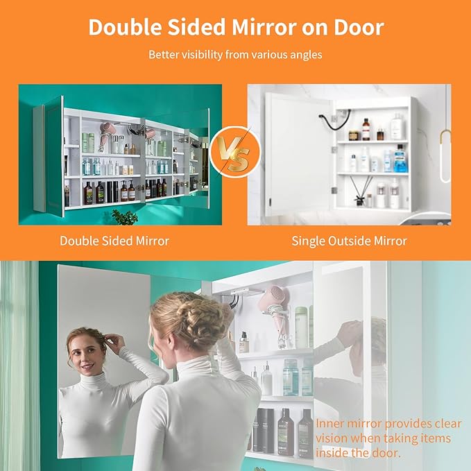 VINGLI LED Lighted Medicine Cabinet with Intelligent Mirror, Bluetooth Speaker, Weather & Temp Display, Anti-Fog, Built-in Outlet & USB, Large 3-Door Bathroom Mirror Cabinet,48 Inch, Need Assembly