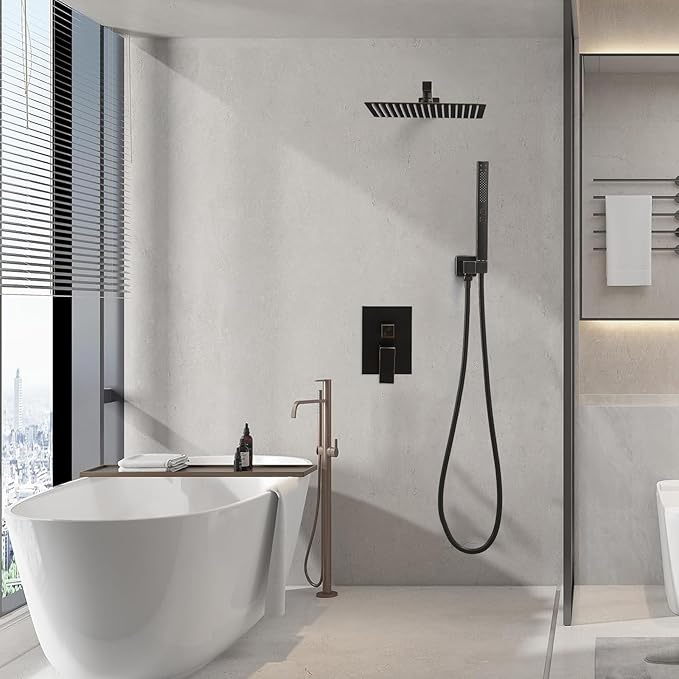 RUMOSE Oil Rubbed Bronze Rainfall Shower System 12 Inch High Pressure Square Shower Head with 2 in 1 Handheld Spray Wall Mount Brass Bathroom Shower Faucet Set with cUPC Certified Rough-in Valve