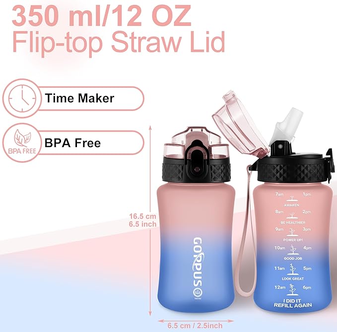 GOPPUS Kids Water Bottle with Straw Spout Lid 10pcs Stickers 12 oz Leak-proof BPA Free Motivational Time Marker Tritan Plastic Water Bottles for Girls Boys School Sports