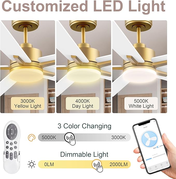 52” Smart Ceiling Fan with LED Lights Remote,Quite DC Motor,Voice Control via Alexa Google WIFI Phone,Outdoor Indoor Modern Ceiling Fans,Dimmable,for Bedroom Patio Porch,Gold and White Black