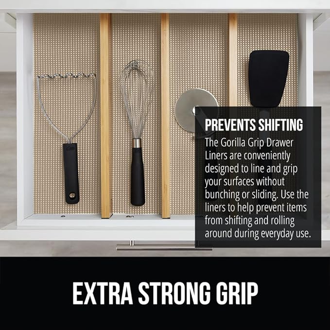 Gorilla Grip powerGRIP Drawer Shelf and Cabinet Liner, Thick Strong Hold, Non-Adhesive Liners Protect Kitchen Cabinets and Cupboard, Bathroom Drawers, Easy Install, Breathable Mat, 17.5" x20', Beige