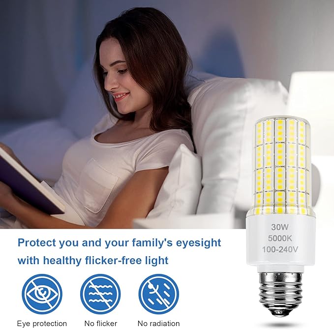 2 Pack Led Light Bulb Equivalent 250w Led bulbs 3750 Lumen 5000K Cool Daylight White 30W Waterproof Led Corn Light bulb E26/E27 Medium Base light bulb for Outdoor Indoor Garage Workshop Backyard