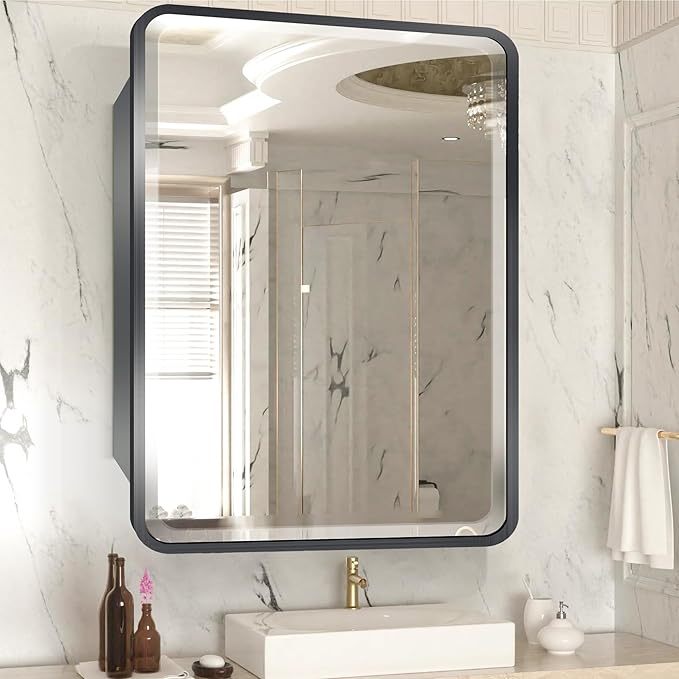 20×28inch Medicine Cabinet,Mirror Cabinet with Beveled Mirror,Solf Close Hinge,Brushed Metal Framed,Detachable Side Plate for Recess Mount or Surface Mount,Black