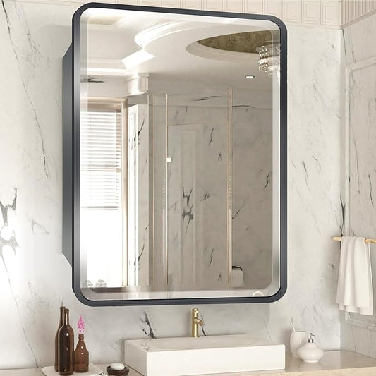 20×28inch Medicine Cabinet,Mirror Cabinet with Beveled Mirror,Solf Close Hinge,Brushed Metal Framed,Detachable Side Plate for Recess Mount or Surface Mount,Black