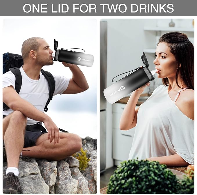 PHIXTON 32 OZ Water Bottle With Removable Straw Time Maker, 1L BPA Free Thick Tritan Plastic Leak Proof Waterbottle tracker, Motivational Measured Sports Flip Top Jugs 32oz For Drinking