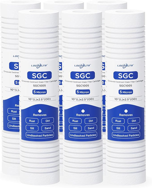 Whole House Water Filter Cartridge Replacement for Well Water, 5 Micron Water Filter 10 x 2.5 Grooved Sediment Water Filter Compatible with AP110, WHKF-GD05, RS14, CFS110, P5, WFPFC5002-6 Pack