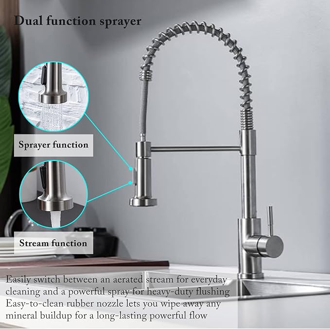 Kitchen Faucet with Pull Down Sprayer, Spring Single Handle Kitchen Sink Faucets Modern Brushed Nickel Pull-Out Spring Stainless Steel Kitchen Faucets for Camper Farmhouse RV Bar Kitchen Sinks