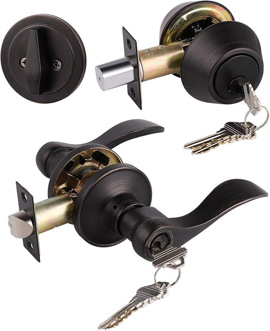 Gobrico Front/Exterior Door Lever Lockset with Single Cylinder Deadbolt, 1 Pack Keyed Alike Oil Rubbed Bronze Combination Handle Set, Entry Door Lockset with Deadbolt