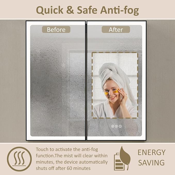 32x32 Inch Led Lighted Medicine Cabinet with Mirror, Recessed or Surface Mount Bathroom Medicine Cabinet, Anti-Fog, Adjustable Shelf, Dimmable Light, Outlets & USB, ETL Listed, Black