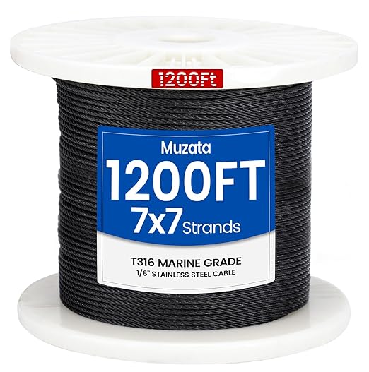 Muzata 1200 ft 1/8" Black Stainless Steel Cable Railing System Hardware T316 Stainless Steel Wire Rope 7x7 Strands 1800 lb Breaking Strength Black Cable Railing Kit for Indoor Outdoor WR19