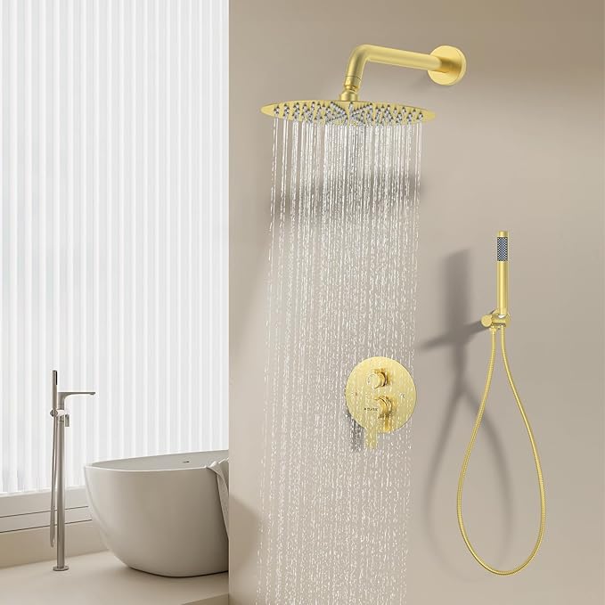 12 Inch Brushed Gold Shower System - High Pressure Rain Shower Head, Handheld Showerhead, and Wall Mounted Faucet Set