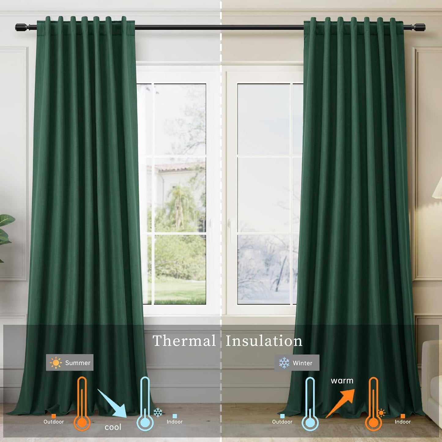 BOODII Room Darkening Curtains 120 Inch Back Tab Thermal Insulated Black Out Linen Drapes Extra Long Blackout Curtains for Patio Door Large Window Ceiling to Floor Light Blocking Green 52x120