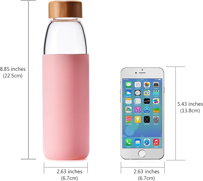 veegoal Glass Water Bottles 18 Oz Borosilicate with Bamboo Lid, BPA-FREE, Non-Slip Silicone Sleeve, and Stainless Steel Leak Proof Lid - Glass Water Bottle for Men and Women