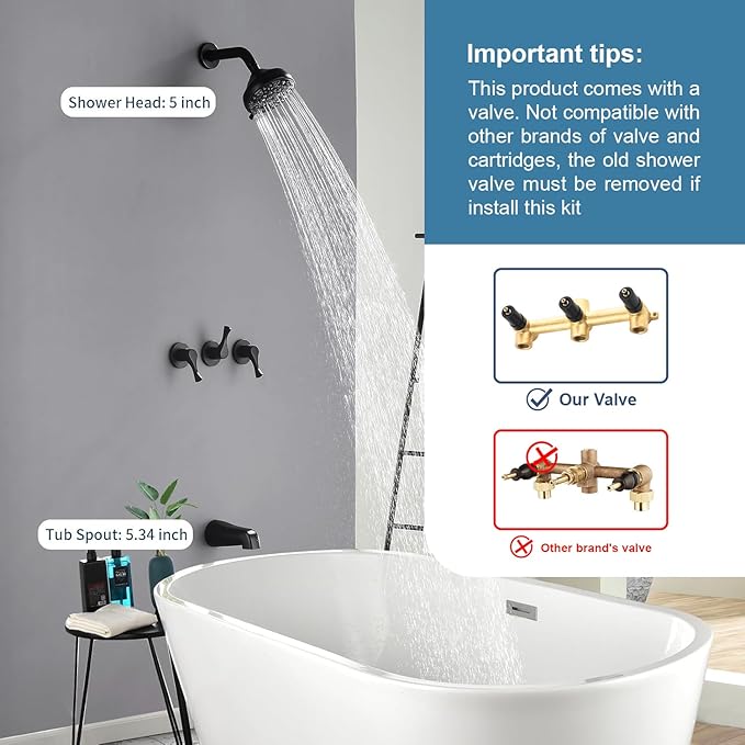 Matte Black 3 Handles Shower Faucet Set with Tub Spout Bathtub Shower Faucets Combo Set Shower System Complete Tub and Shower Trim Kit Shower Fixtures