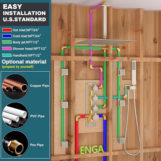 Enga Shower Jets System, 16 inch Ceiling Rainfall Shower System with Spray Jets(Can All Run Together) Thermostatic Shower System with Handheld Shower Head and 6 Body Spray Jets, Brushed Nickel