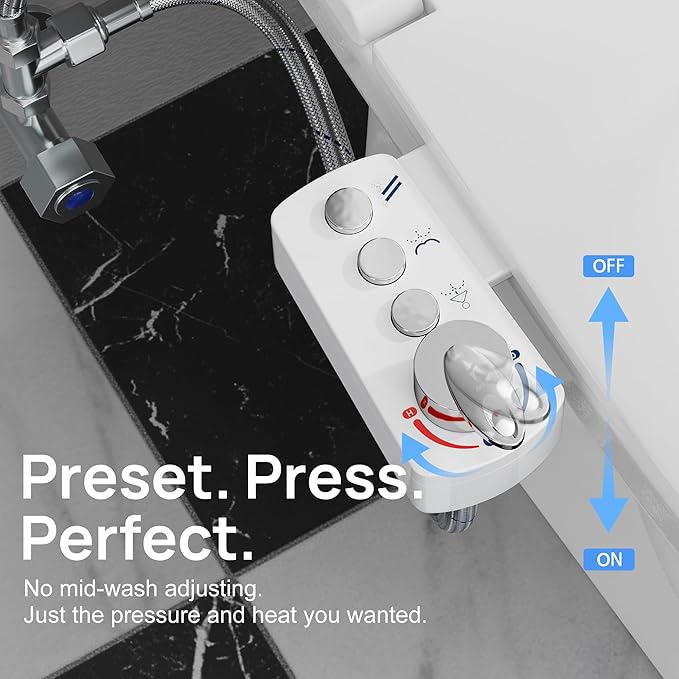 Bidet Attachment for Toilet. Dual Nozzles with Feminine & Rear Wash, Hot and Cold Water, 3-Button Control, Adjustable Pressure & Temperature, Self-Cleaning Sprayeres, Easy Install by Yourself.